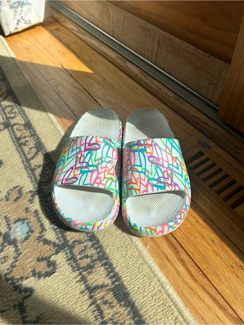 Girls' Multicolor Heart Print Slide Sandals - Lightweight Comfort